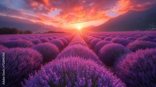 Beautiful sunset over lavender field. Nature background. 3d rendering - Generative AI