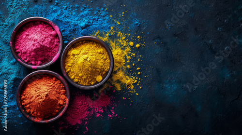 Colorful traditional holi powder in bowls, dark background, top view.