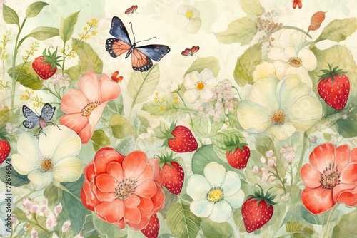 Spring-themed watercolor illustration featuring strawberries, flowers, butterflies in a cartoon-style seamless background. Generative AI