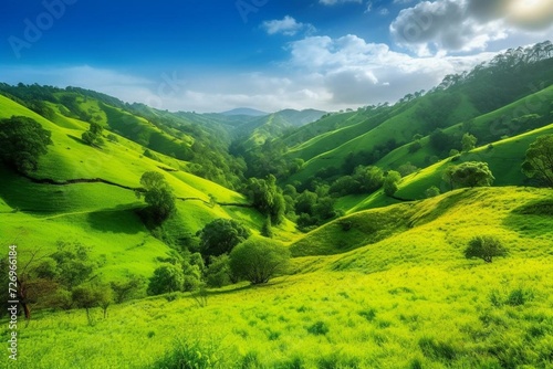 A landscape with beautiful lush green hills and trees. Generative AI © Osiris