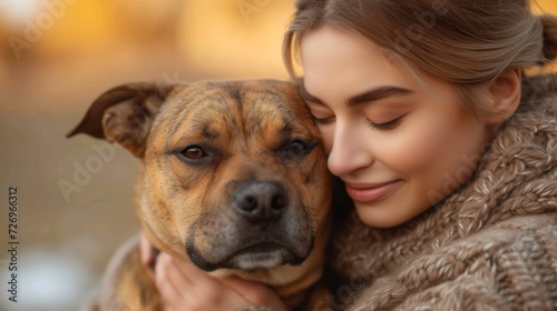 happy woman in warm sweater hugging her dog. closeup portrait. - Generative AI