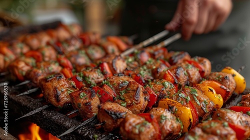 Skewers of meat and vegetables on skewers on a barbecue grill - Generative AI