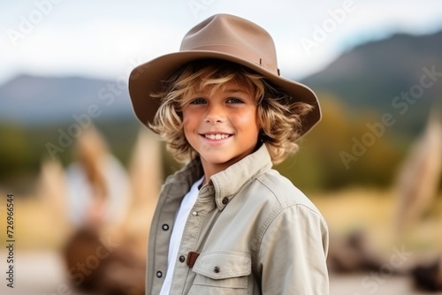 Portrait of a cute little boy wearing cowboy hat, outdoors.