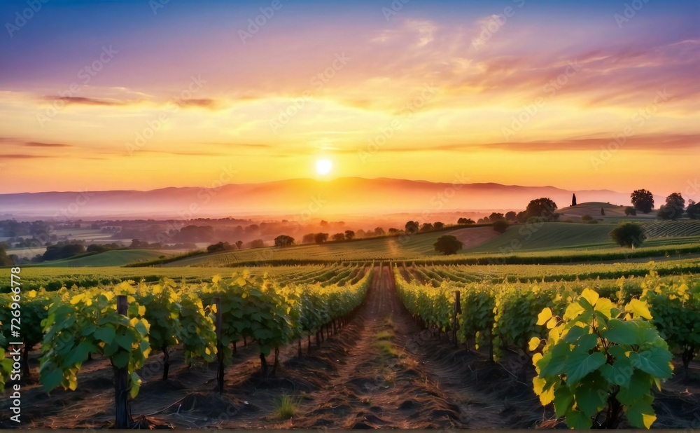 Fototapeta premium vineyard, development of vineyard farming, exposed to afternoon sunlight, agriculture concept. Generative AI