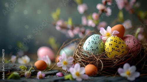 Nest with easter eggs in grass on a sunny spring day;  Easter decoration, banner, panorama, background. generative aI