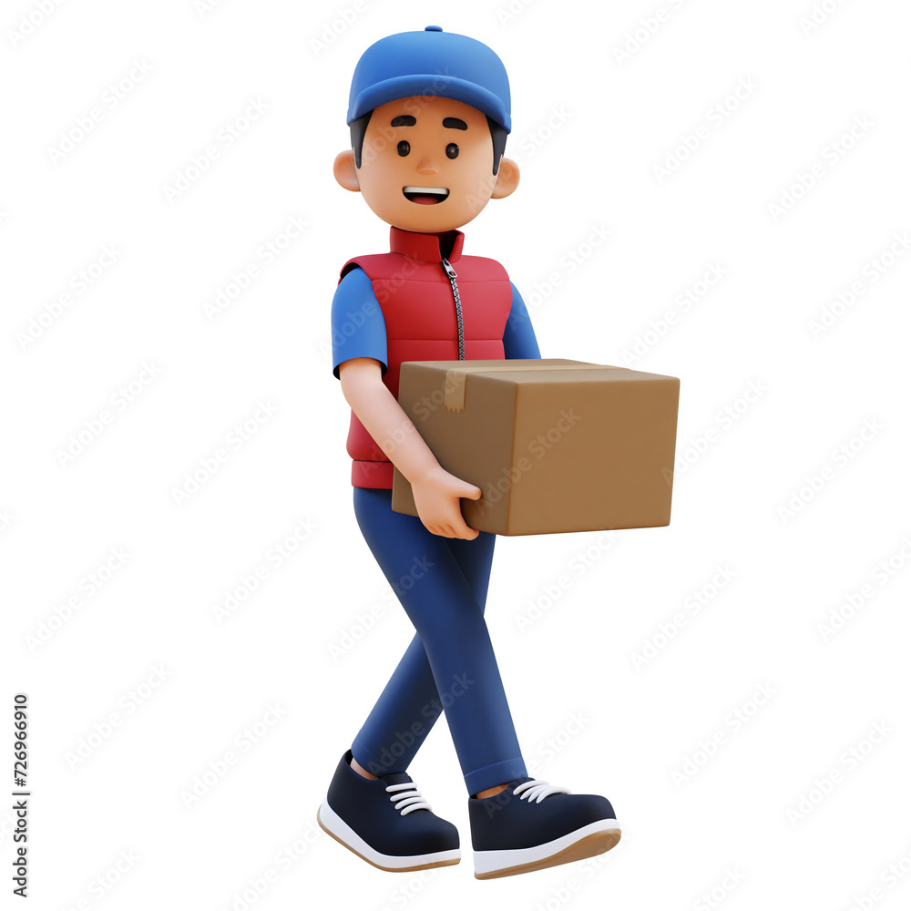 3D Delivery Man Character Walking and Carrying Parcel Box