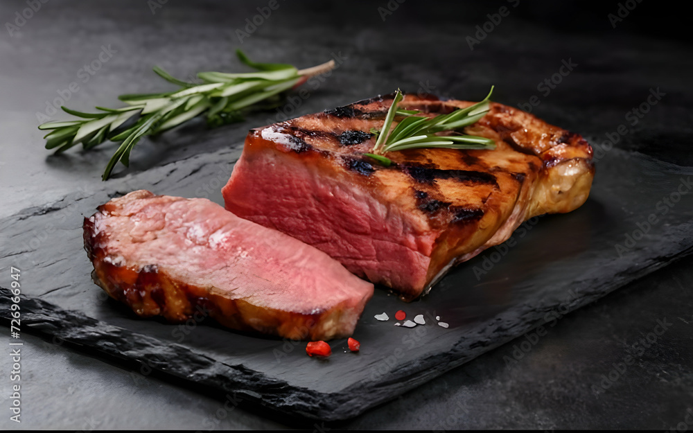 Chef cutting raw beef meat. On a table meat with rosemary, garlic, salt, and pepper. Chef cutting raw beef meat. On a table meat with rosemary, garlic, salt, and pepper.