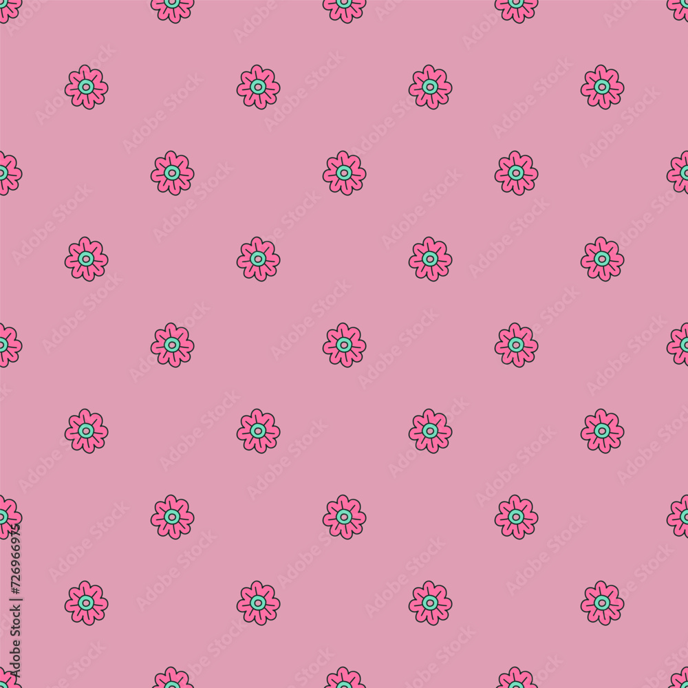 Seamless pattern with simple hand drawn pink flowers. On pink background.