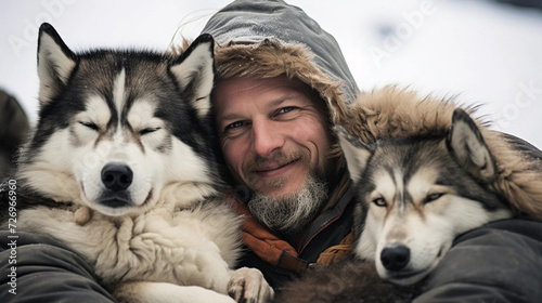 copy space, stockphoto, man cuddling huskies after a winter sleigh ride. Winter sport concept. Advertisement for winter sports. National Love Your Pet Day. Guy hugging his husky dogs. Peaceful scene. 