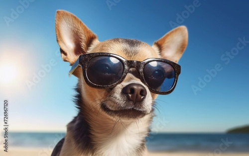 realistic photo of cool chihuahua dog on the beach wearing glasses. generative ai © KBL Sungkid