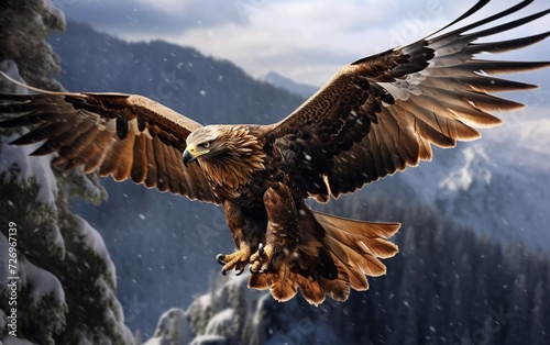 realistic photo Bird flying predatory golden eagle with large wingspan, photo with snowflakes during winter, rock mountain. generative ai © KBL Sungkid