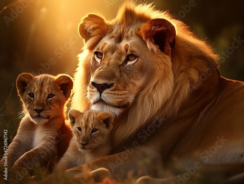 Lions family with cubs lying down in a grassy field in the jungle © Generative Ai