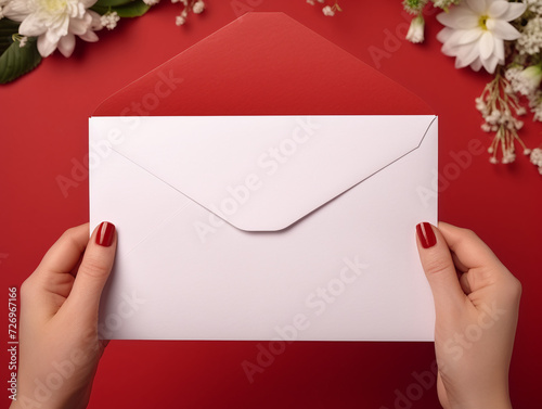 Close-up of female hands holding a white envelope, ready to send, against a vivid red backdrop copy space empty banner.  photo