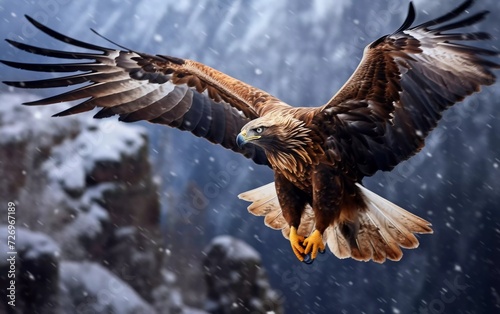 realistic photo Bird flying predatory golden eagle with large wingspan, photo with snowflakes during winter, rock mountain. generative ai