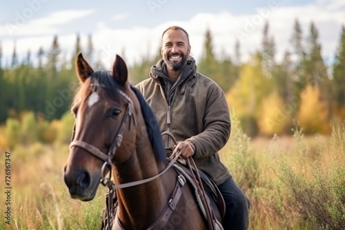 Handsome man with a horse in the autumn field, outdoors