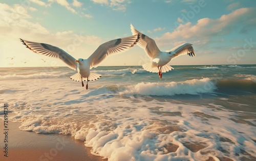 realistic photo of Seagulls flying over the Sea in front of the beach. generative ai © KBL Sungkid