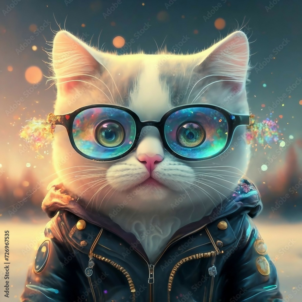 A cute delicate colorful cat looking at camera and wearing a hoodie and glasses with beautiful background.