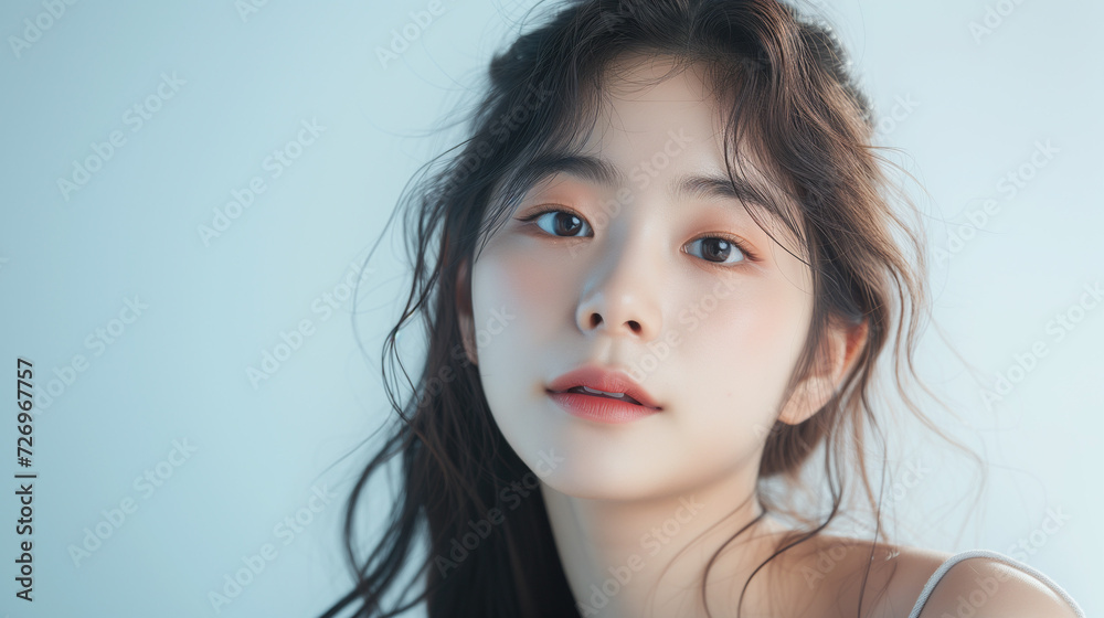 An Asian Korean girl with natural beauty, in a white background photo studio, Ai generated images An Asian Korean girl with natural beauty, in a white background photo studio, Ai generated images