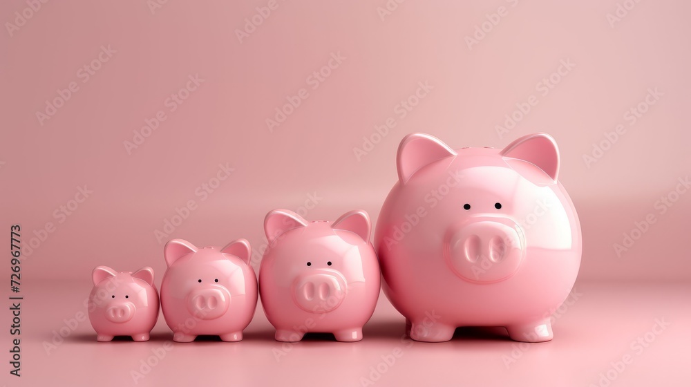Pink piggy bank family on pink background. Saving for Retirement, Personal Finance. Pink piggy bank family on pink background. Saving for Retirement, Personal Finance.