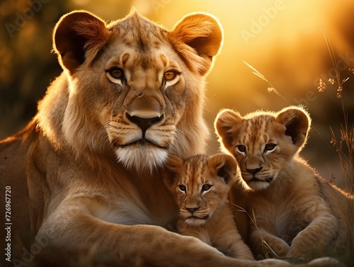 Lions family with cubs lying down in a grassy field in the jungle © Generative Ai