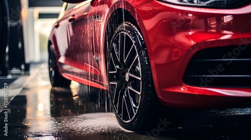 Red luxury car close-up in a high-pressure washer 