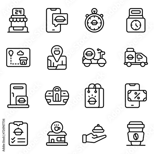 Set of vector icons related to food delivery. Vector illustration of order food, door delivery, food pack, fast delivery and more with editable black outline.