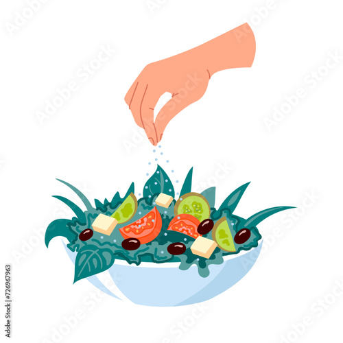 A human hand sprinkles salt on a salad with vegetables. Sprinkle by hand. Cooking food. The salad dressing icon. Vector graphic illustration isolated on a white background