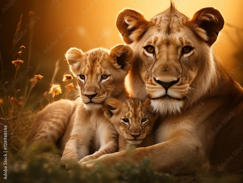 Lions family with cubs lying down in a grassy field in the jungle Lions family with cubs lying down in a grassy field in the jungle