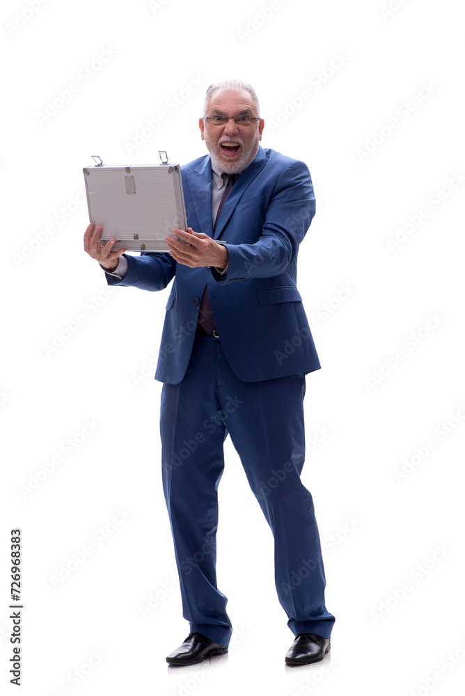 Old businessman holding case isolated on white Old businessman holding case isolated on white