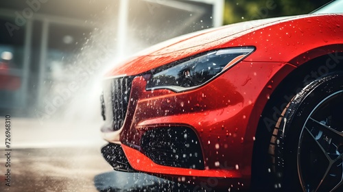 Red luxury car close-up in a high-pressure washer
 photo