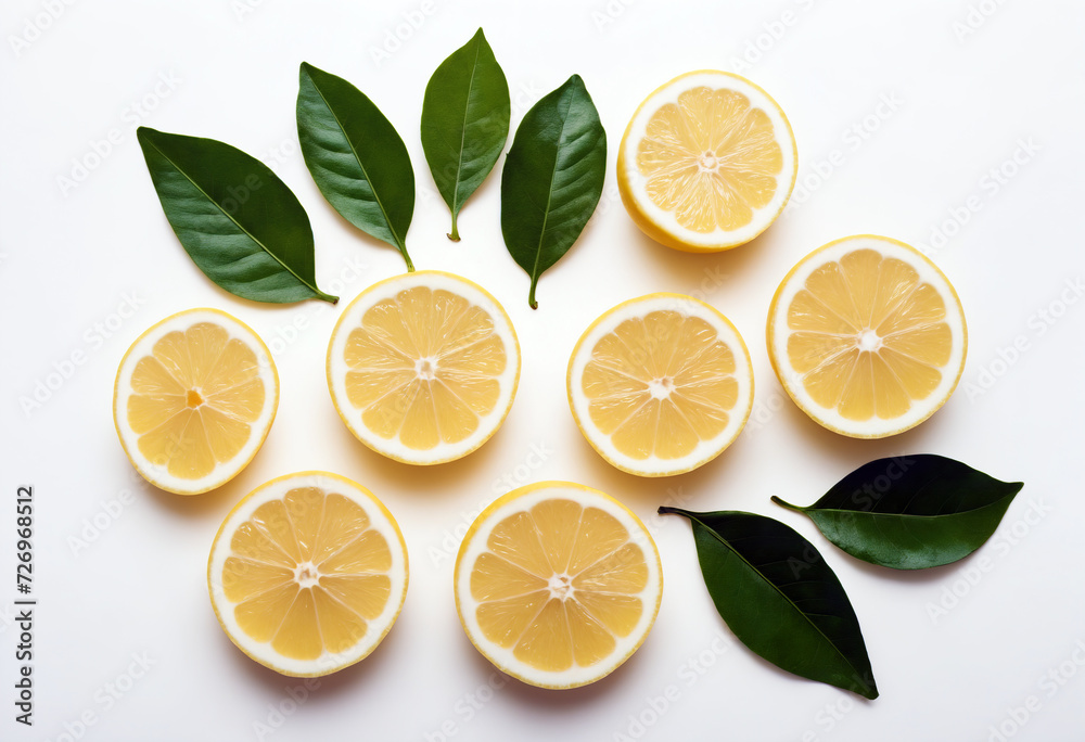 Lemon slices with leaves on a white background Lemon slices with leaves on a white background