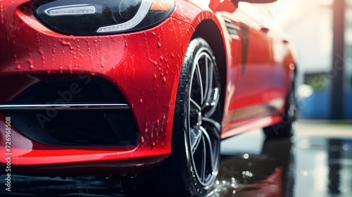 Red luxury car close-up in a high-pressure washer  © Ziyan Yang