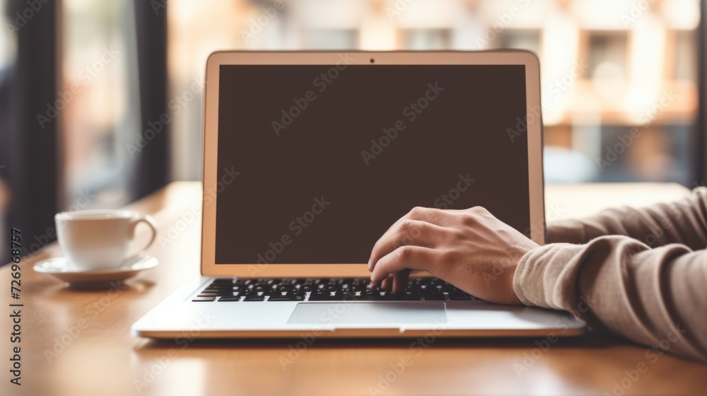 Fototapeta premium Close-up of hands typing on laptop keyboard with blank screen mockup. Copy space available for design or text. Technology concept