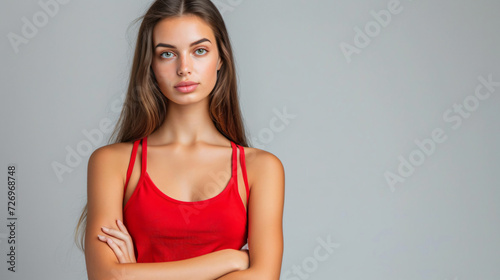 A striking and self-assured young woman stands confidently with her arms crossed, sporting a vibrant red singlet against a neutral gray background. Her captivating presence and timeless beau