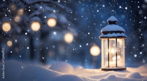 Illuminated Lantern in Snowy Night