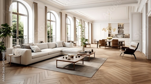 The living room is modern and has parquet flooring with chic furniture. photo