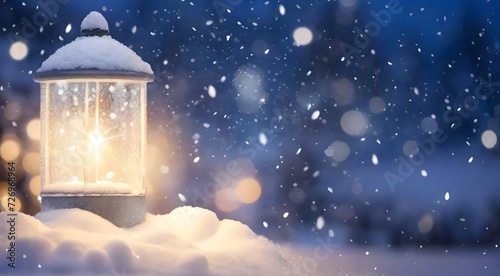 Illuminated Lantern in Snowy Night