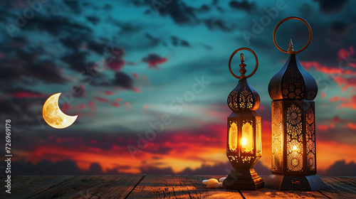 Arabian lanterns decorate an old wooden table with sky and crescent moon behind Ramadan Kareem background