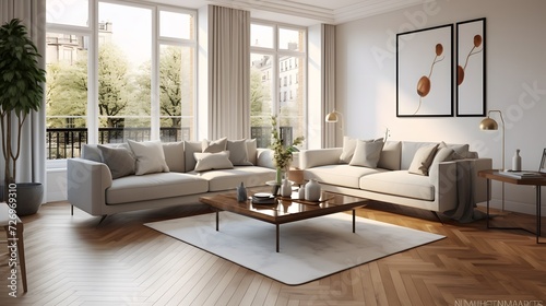 The living room is modern and has parquet flooring with chic furniture.