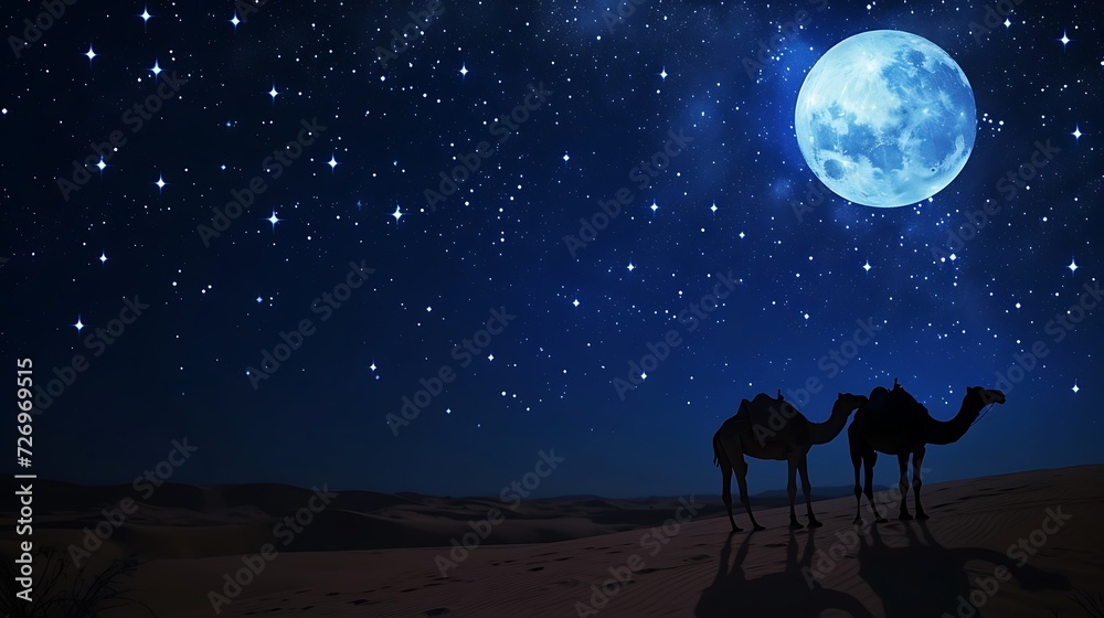 Camels standing on the desert with full moon and star night scene. realistic nature conceptual Camels standing on the desert with full moon and star night scene. realistic nature conceptual