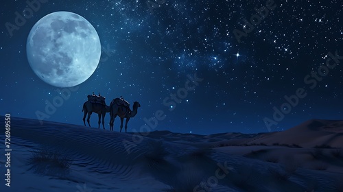 Camels standing on the desert with full moon and star night scene. realistic nature conceptual © Uzair