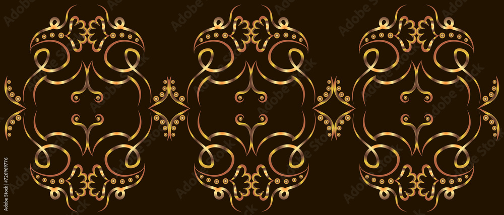Graphic horizontal fantasy pattern with swirls, concentric circles and flowers. Gold gradient on a black background for printing on fabric, applique and cards.
