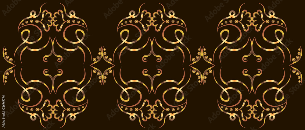 Graphic horizontal fantasy pattern with swirls, concentric circles and flowers. Gold gradient on a black background for printing on fabric, applique and cards.