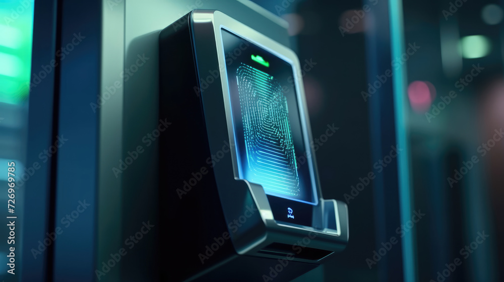 Obraz premium Fingerprint scanning access control machine on the wall near the office entrance