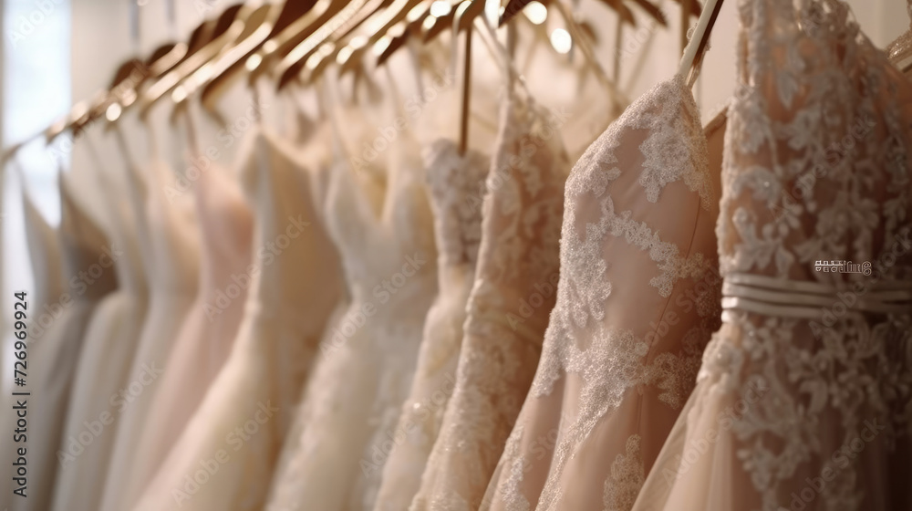 Wedding dress hanging in boutique shop