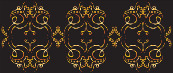 Rideaux Noir et or patrons Graphic horizontal fantasy pattern with swirls, concentric circles and flowers. Gold gradient on a black background for printing on fabric, applique and cards.  © Tatfedor