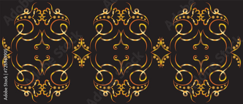 Graphic horizontal fantasy pattern with swirls, concentric circles and flowers. Gold gradient on a black background for printing on fabric, applique and cards.
