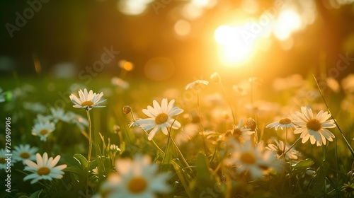 The landscape of white daisy blooms in a field, with the focus on the setting sun. The grassy meadow is blurred, creating a warm golden hour effect during sunset and sunrise time