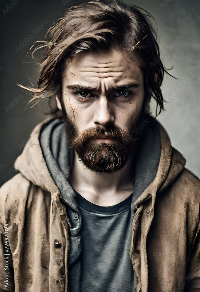A homeless man with long unwashed hair and dirty clothes and a dirty face. There is sadness in his eyes and he is depressed and suffering from addiction and mental health issues.. 