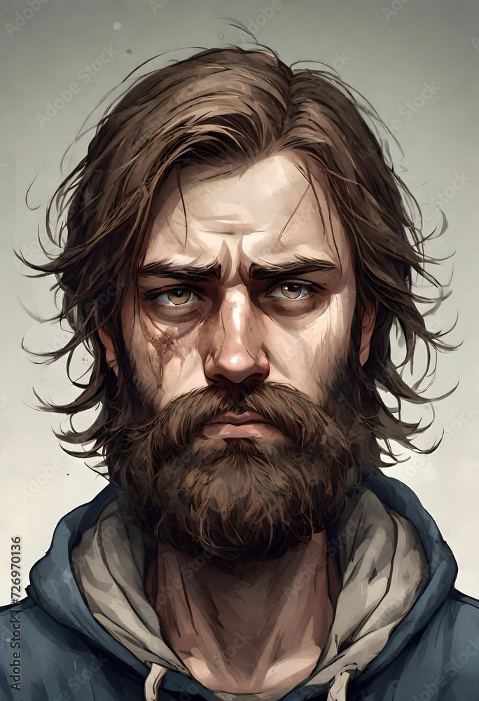 Illustration of a homeless man with long unwashed hair and dirty clothes and a dirty face. There is sadness in his eyes and he is depressed and suffering from addiction and mental health issues.. Illustration of a homeless man with long unwashed hair and dirty clothes and a dirty face. There is sadness in his eyes and he is depressed and suffering from addiction and mental health issues..